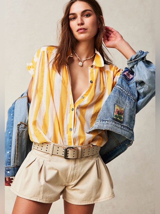 We The Free Tops - We The Free Float Away Stripe Yellow & White  Button-Down Cotton Shirt | Small